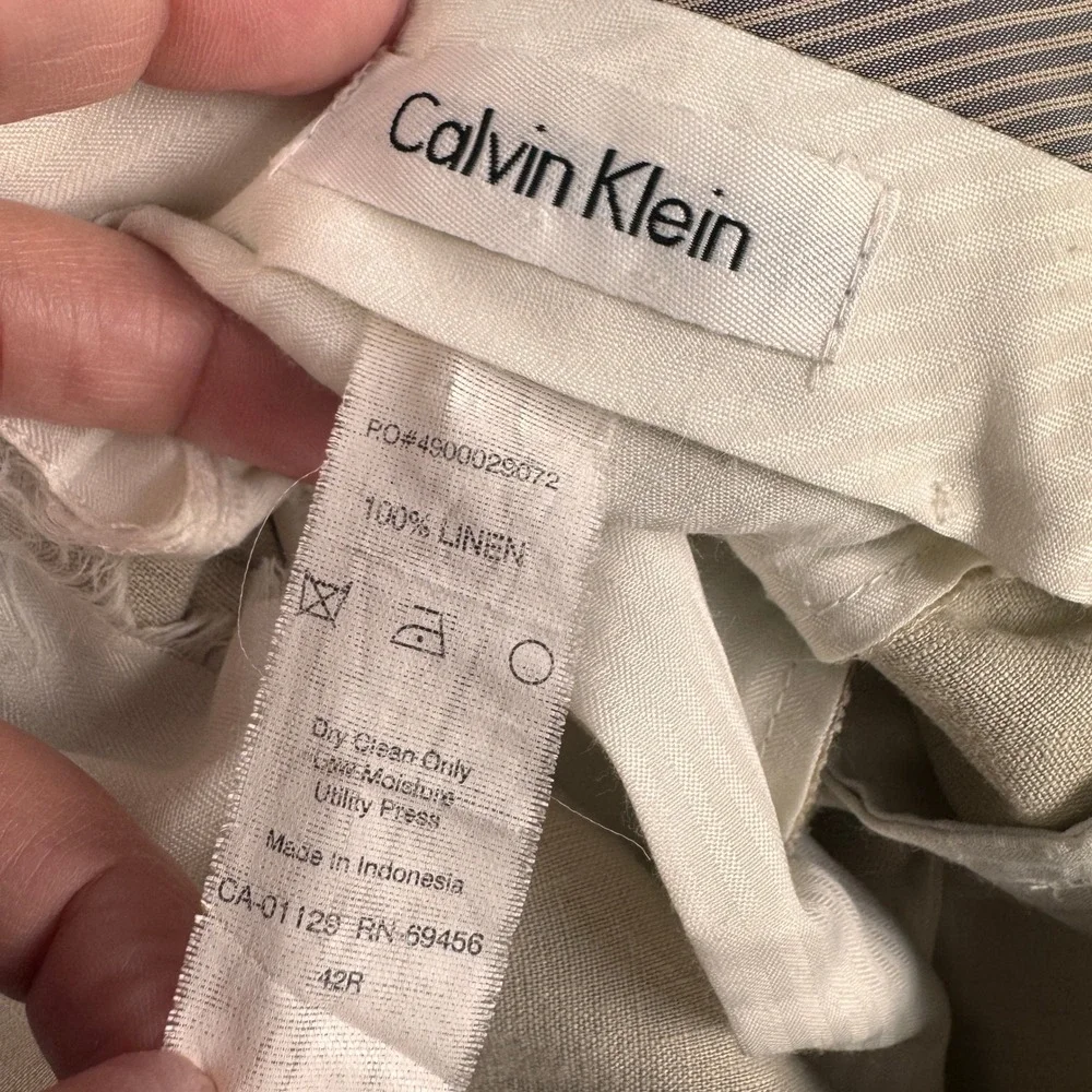 Calvin Klein Pants Mens 42x29 Beige Cream 100% Linen Flat Front Dress Trousers